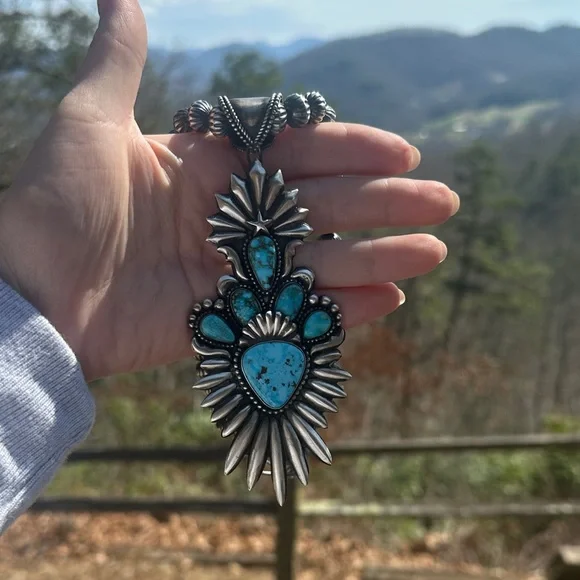 Navajo Shawn Cayatineto High Grade Kingman Turquoise & Sterling Silver Pendant - Picture 6 of 12